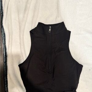 Black Sleeveless Zippered Bodysuit with Mandarin Collar